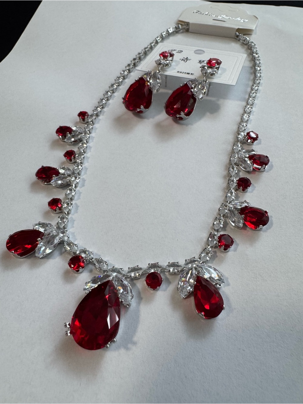 Elegant Red Teardrop Crystal Necklace & Earring Set